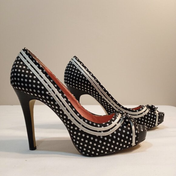 NOT RATED FABRIC PEEP TOE HIGH HEELS POLKA DOT BLUE WHITE WOMEN SIZE 10 - Picture 6 of 8